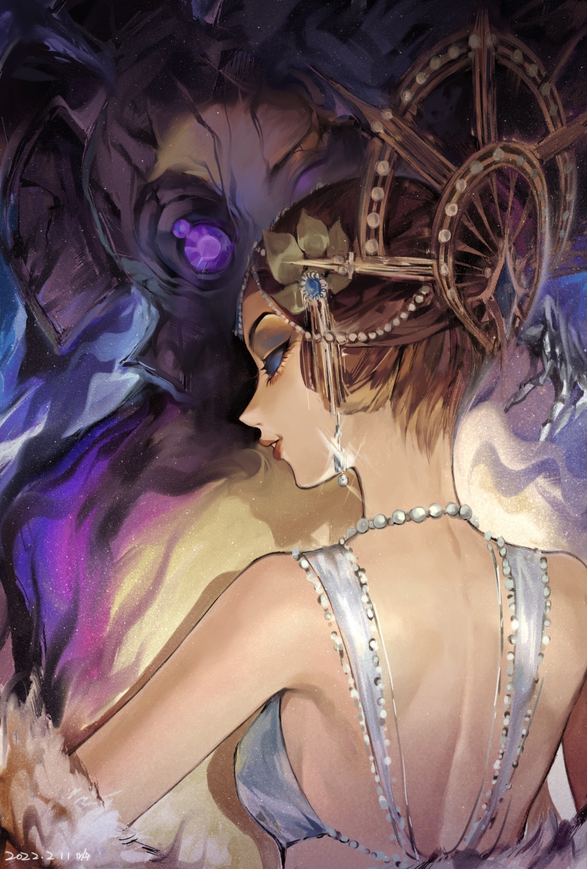 1girl, absurdres, beads, blue_eyes, brown_hair, clothing_cutout, dress, dual_persona