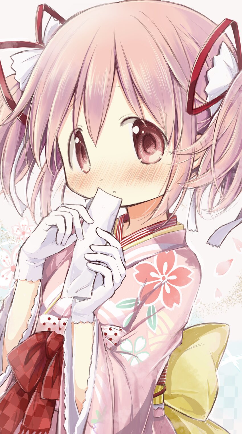 1girl, :o, absurdres, back_bow, blush, bow, checkered_sash, closed_mouth, dot_mouth, dot_nose, floral_print, gloves, hair_ribbon, han'eri, hands_up, highres, hitode, holding, holding_paper, japanese_clothes, kaname_madoka, kaname_madoka_(haregi_ver.), kimono, long_sleeves, looking_at_viewer, magia_record:_mahou_shoujo_madoka_magica_gaiden, mahou_shoujo_madoka_magica, obi, obiage, paper, pink_eyes, pink_hair, pink_kimono, polka_dot, print_kimono, red_ribbon, red_sash, ribbon, sakuramon, sash, seigaiha, short_hair, sidelocks, simple_background, solo, twintails, upper_body, white_gloves, white_ribbon, yellow_bow