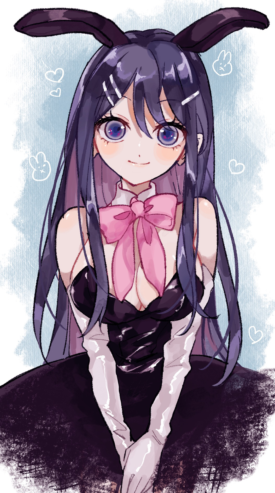 1girl, alternate_costume, animal_ears, bare_shoulders, black_dress, blue_eyes, bow, bowtie