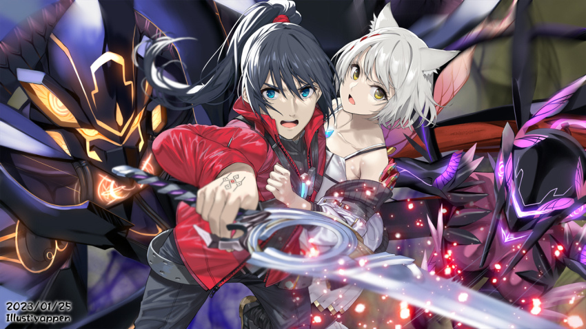 1boy, 1girl, animal_ears, arm_around_shoulder, black_hair, blue_eyes, camisole, cat_ears, chest_jewel, eunie_(ouroboros)_(xenoblade), eunie_(xenoblade), grey_hair, jacket, lanz_(ouroboros)_(xenoblade), lanz_(xenoblade), looking_at_viewer, lucky_seven_(xenoblade), mio_(xenoblade), noah_(xenoblade), off_shoulder, open_mouth, ouroboros_(xenoblade), ponytail, sena_(xenoblade), sword, taion_(xenoblade), weapon, white_camisole, xenoblade_chronicles_(series), xenoblade_chronicles_3, yappen, yellow_eyes