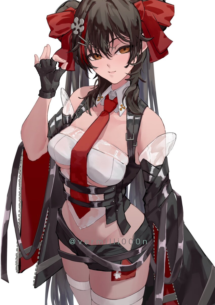 1girl, bare_shoulders, black_gloves, black_hair, black_shorts, black_sleeves, breasts, brown_eyes