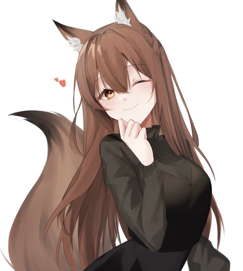 1girl, ;), animal_ears, arknights, black_shirt, brown_eyes, brown_hair, fox_ears