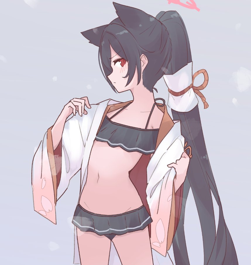 1girl, animal_ears, bikini, bikini_skirt, black_bikini, black_hair, blue_archive, blush