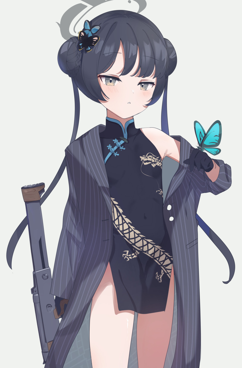 1girl, absurdres, black_dress, black_gloves, black_hair, black_jacket, blue_archive, braid