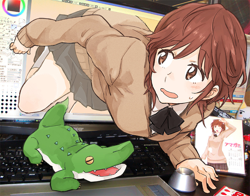 1girl, amagami, brown_eyes, brown_hair, computer, computer_keyboard, female_focus, pe88y_(yu_tsugirls)