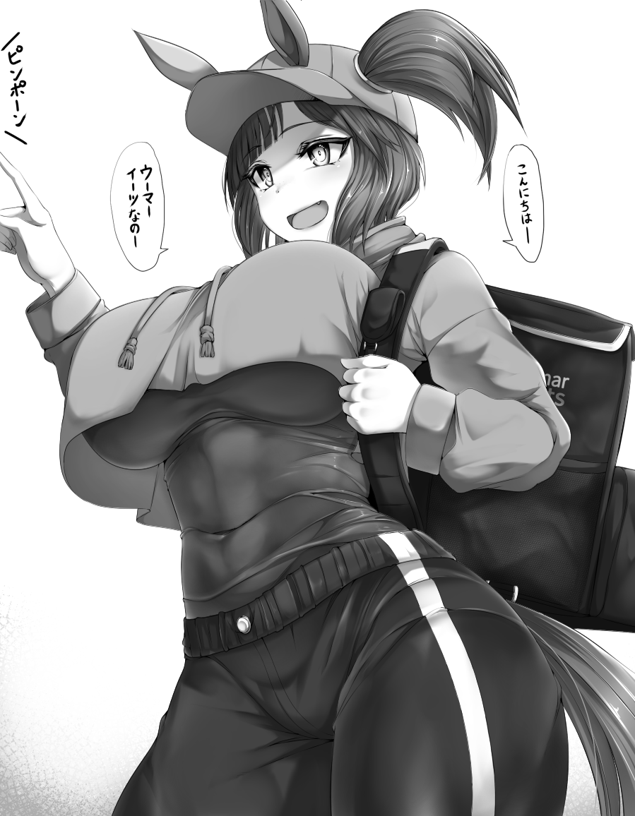 1girl, animal_ears, bag, baseball_cap, breasts, cropped_hoodie, fang, greyscale