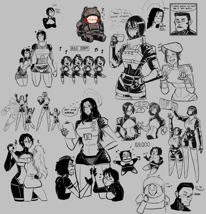 1boy, ?, adler_(signalis), ara_(signalis), ariane_yeong, armor, ball, basketball, basketball_(object), bigmsaxon, black_hair, book, bookshelf, can-can, clone, crying_with_eyes_closed, cyborg, dancing, elster_(signalis), english_text, eule_(signalis), falke_(signalis), glasses, halo, heart, highres, holding, holding_ball, hugging_another's_leg, kicking_legs, kolibri_(signalis), military, military_uniform, multiple_girls, music, musical_note, mynad_(signalis), playing_sports, pointing, pointing_at_self, radio, radio_frequency, replika, robot_girl, short_hair, short_male, signalis, sketch, sleeping, sleeping_upright, smile, star_(signalis), storch_(signalis), tall_female