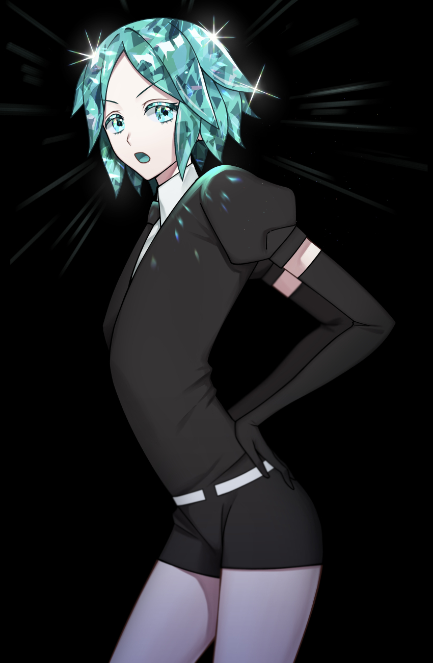 1other, :o, absurdres, androgynous, aoringo1875, aqua_eyes, aqua_hair, arched_back, arms_behind_back, belt, black_background, black_gloves, black_shirt, collared_shirt, colored_eyelashes, contrapposto, cropped_legs, crystal_hair, elbow_gloves, from_side, frown, gem, gem_uniform_(houseki_no_kuni), glint, gloves, glowing, glowing_hair, groin, hand_on_back, hand_on_own_hip, highres, houseki_no_kuni, looking_at_viewer, looking_to_the_side, necktie, open_mouth, other_focus, out_of_frame, parted_bangs, phosphophyllite, puffy_short_sleeves, puffy_sleeves, shirt, short_hair, short_jumpsuit, short_shorts, short_sleeves, shorts, simple_background, solo, sparkle, thighs, white_belt, white_shirt