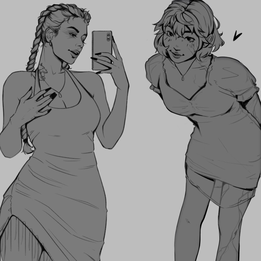 2girls, absurdres, alternate_costume, apex_legends, braid, cellphone, collarbone, commentary, commission, dress, english_commentary, eyeshadow, greyscale, hair_behind_ear, hand_on_own_chest, head_tilt, heart, highres, holding, holding_phone, jewelry, leaning_forward, loba_(apex_legends), long_hair, makeup, monochrome, multiple_girls, neck_tattoo, necklace, nessepack, open_mouth, phone, short_hair, smartphone, smile, tattoo, twin_braids, wattson_(apex_legends), western_comics_(style)