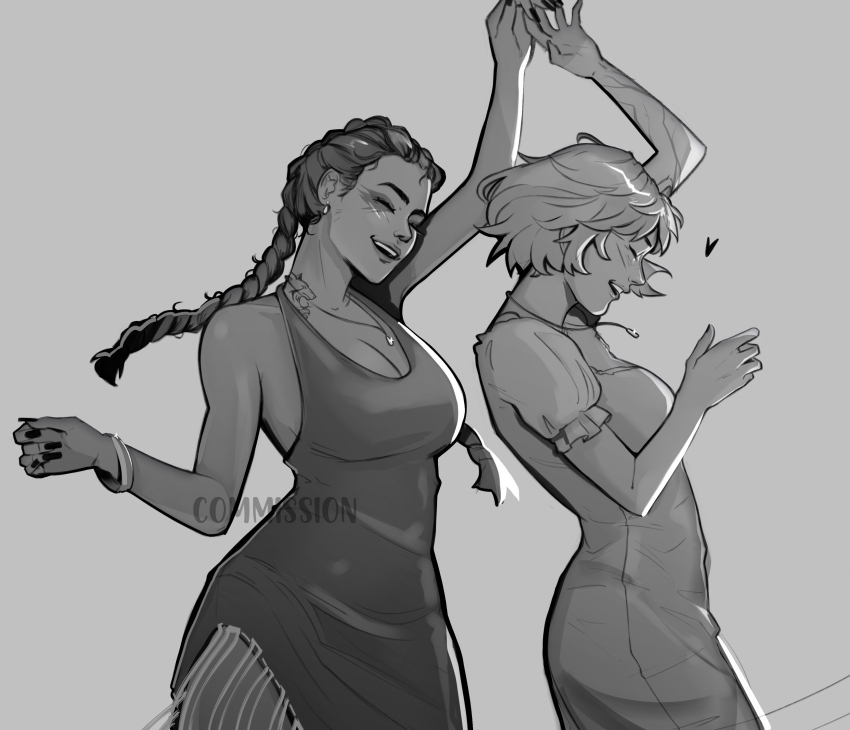 2girls, absurdres, alternate_costume, apex_legends, bracelet, braid, breasts, cleavage, closed_eyes, commentary, commission, dancing, dress, english_commentary, eyeshadow, fingernails, grey_background, greyscale, heart, highres, jewelry, large_breasts, loba_(apex_legends), long_fingernails, makeup, medium_breasts, monochrome, multiple_girls, nail_polish, nessepack, open_mouth, scar, scar_on_arm, short_hair, smile, twin_braids, wattson_(apex_legends), western_comics_(style), yuri