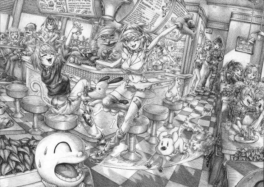 6+girls, absurdres, akai_haato, alternate_costume, alternate_hairstyle, animal_ears, animal_hands, bone-shaped_pupils