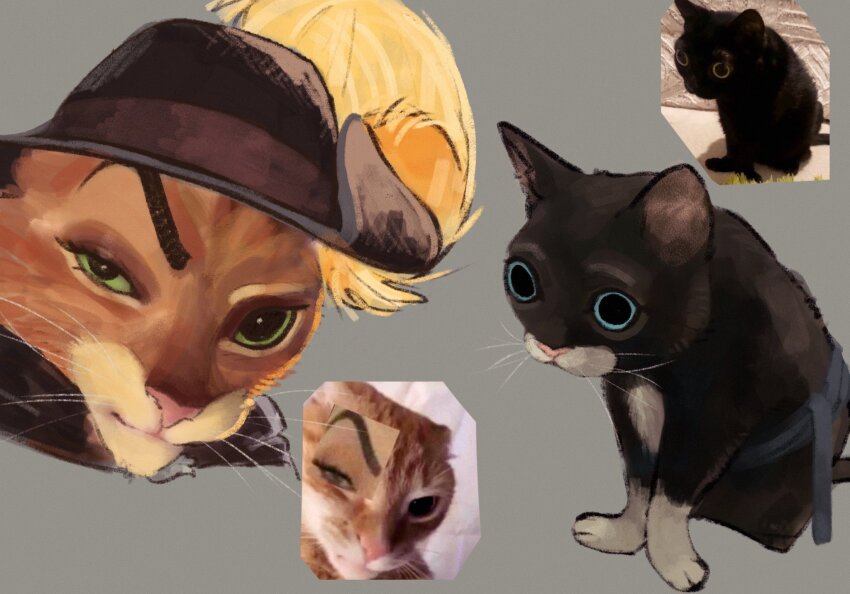 1boy, 1girl, animal_nose, black_cape, black_eyes, cape, cat_boy, cat_girl, cavalier_hat, colored_sclera, commentary, derivative_work, english_commentary, feathers, green_sclera, grey_background, hat, hat_feather, highres, kitty_softpaws, looking_at_viewer, meme, nebulami, puss_in_boots:_the_last_wish, puss_in_boots_(shrek), raised_eyebrow, shrek_(series), simple_background, whiskers, yellow_feathers