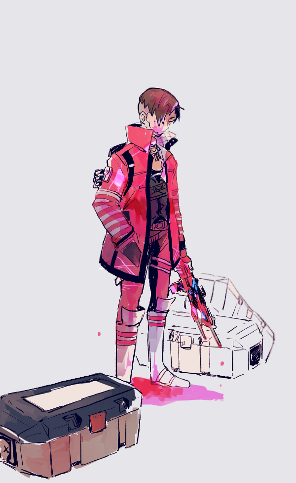 1boy, animification, apex_legends, blood, blood_on_face, boots, box, brown_eyes, brown_hair, crypto_(apex_legends), death_box_(apex_legends), grey_background, gun, hand_in_pocket, holding, holding_gun, holding_weapon, jacket, knee_boots, light_machine_gun, looking_down, machine_gun, male_focus, masshiro, pants, pink_jacket, pink_pants, pool_of_blood, simple_background, sketch, solo, standing, weapon, white_boots, x-55_devotion