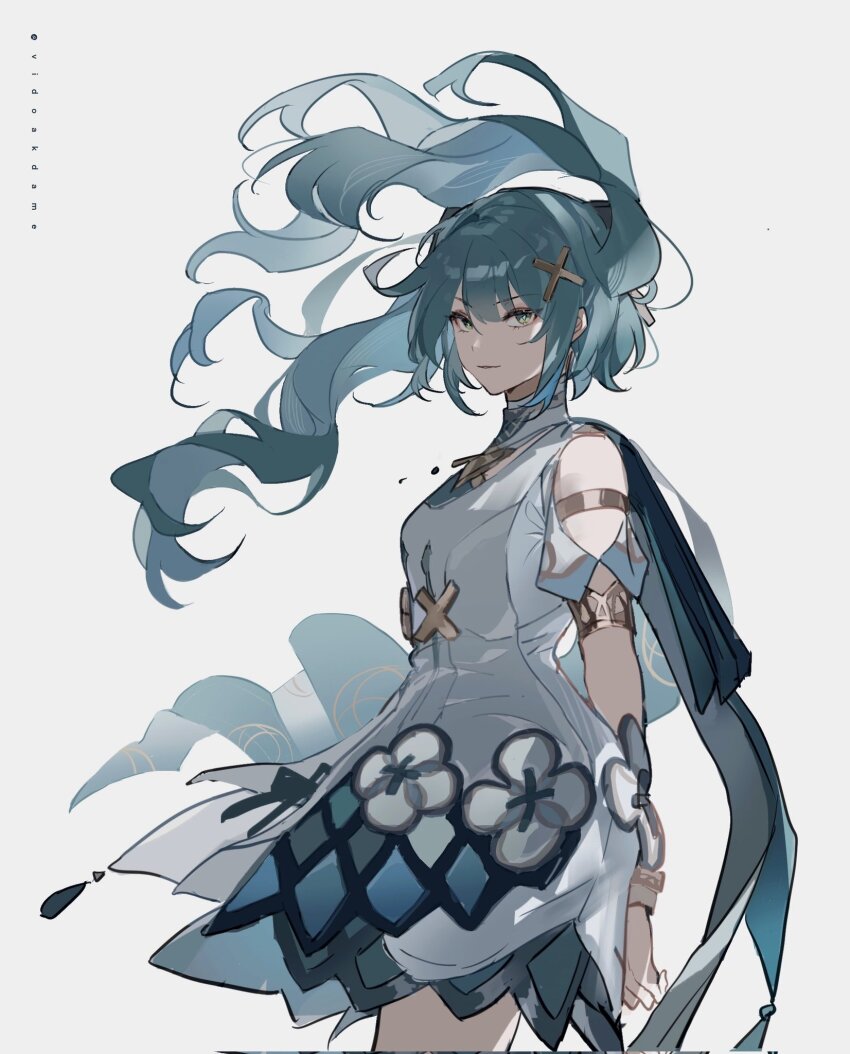 1girl, arm_behind_back, arm_strap, blue_cape, blue_hair, breasts, cape, chinese_commentary