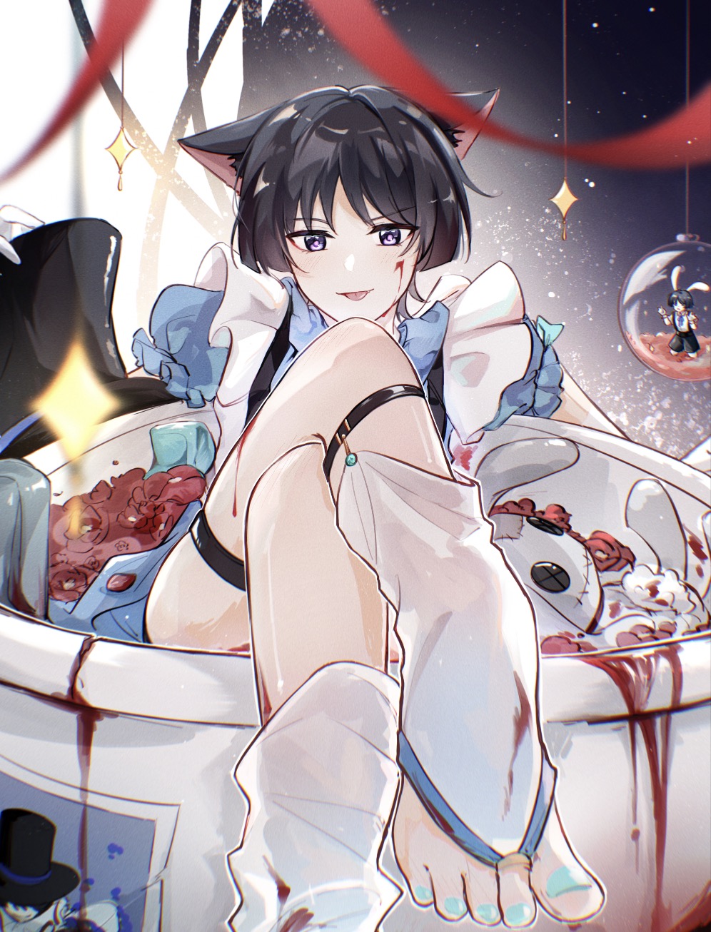1boy, alice's_adventures_in_wonderland, alice_(alice_in_wonderland), alice_(alice_in_wonderland)_(cosplay), alternate_costume, animal_ears, bishounen, blood, blood_on_face, blue_dress, blue_nails, blunt_tresses, blurry, blurry_background, cat_boy, cat_ears, cosplay, crossdressing, crossdressing_(mtf), dress, flower, frilled_dress, frilled_sleeves, frills, full_body, genshin_impact, globe, glowing, hat, highres, looking_at_viewer, male_focus, on_liquid, open-toe_shoes, pantyhose, purple_eyes, purple_hair, red_flower, red_ribbon, red_rose, ribbon, rose, sanyuewww, scaramouche_(genshin_impact), shoes, short_hair, short_sleeves, solo, star_(symbol), stitches, straight_hair, stuffed_animal, stuffed_rabbit, stuffed_toy, thigh_strap, toes, tongue, tongue_out, unworn_hat, unworn_headwear