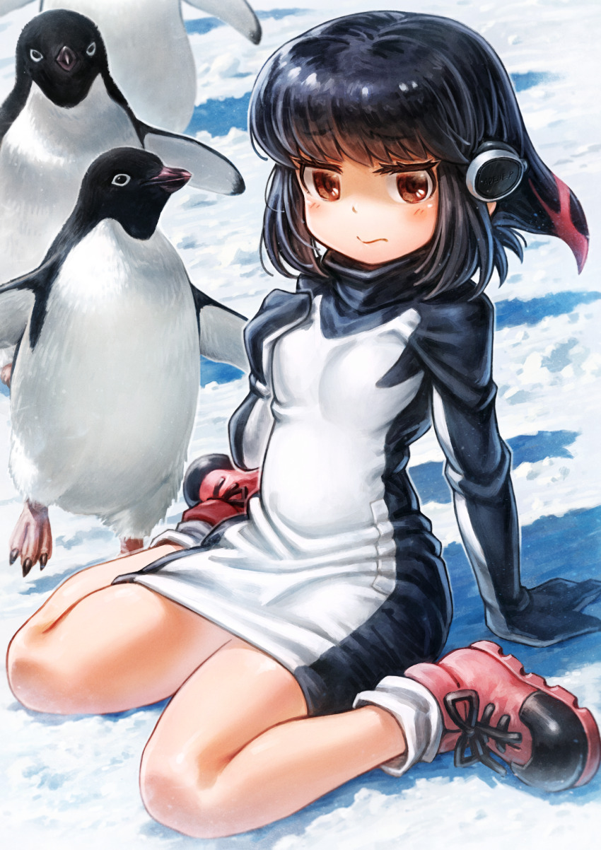 1girl, adelie_penguin, adelie_penguin_(kemono_friends), bird, black_hair, black_sweater, blush, boots, dress, headphones, highres, kemono_friends, long_sleeves, oyu_udon, penguin, pink_boots, red_eyes, red_hair, short_hair, sitting, snow, socks, solo, sweater, sweater_dress, turtleneck, turtleneck_sweater, wariza, white_socks, white_sweater