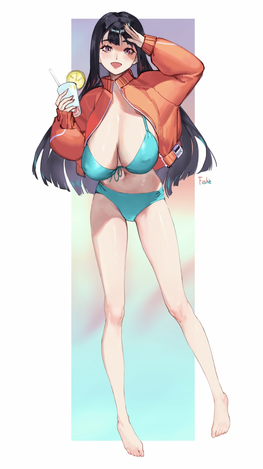 1girl, absurdres, aqua_bikini, bare_legs, barefoot, bikini, black_hair, breasts