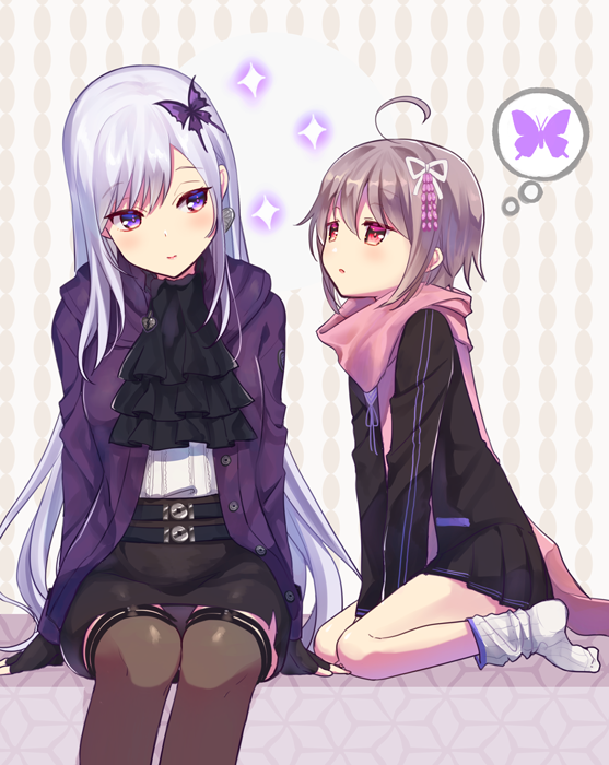 2girls, ahoge, arm_at_side, arm_support, ascot, belt, black_dress, butterfly_hair_ornament, dress, fingerless_gloves, gloves, hair_ornament, jacket, knot, light_purple_hair, long_hair, midare_toushirou_(tenka_hyakken), multiple_girls, okanoyuno, open_clothes, open_jacket, pencil_skirt, purple_eyes, scarf, senji_muramasa_(tenka_hyakken), short_hair, single_loose_sock, sitting, skirt, speech_bubble, staring, tenka_hyakken, thighhighs, thought_bubble, v_arms, wariza