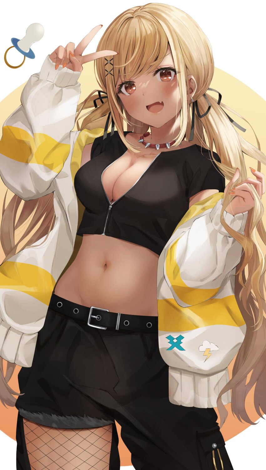 1girl, absurdres, blonde_hair, breasts, cleavage, collar, dark-skinned_female, dark_skin, fang, fishnets, hair_ornament, hair_ribbon, highres, jacket, kaminari_qpi, kaminari_qpi_(2nd_costume), large_breasts, long_hair, low_twintails, midriff, navel, off_shoulder, open_clothes, open_jacket, open_mouth, pacifier, pants, partially_unzipped, ribbon, short_sleeves, skin_fang, solo, spiked_collar, spikes, swept_bangs, toratora_(nanahaba), twintails, v, very_long_hair, virtual_youtuber, vspo!, x_hair_ornament