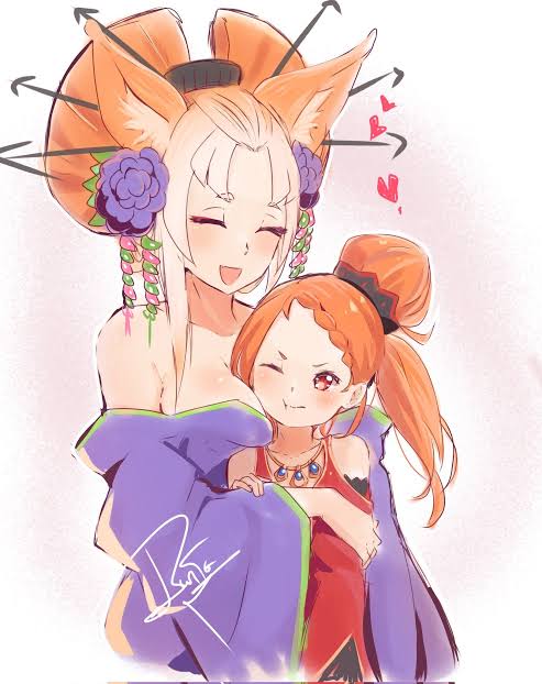 2girls, age_difference, animal_ears, blush, braid, breasts, closed_eyes, dress
