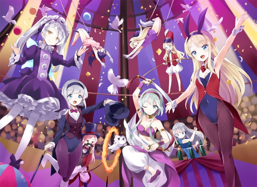 bare_shoulders, black_hair, blonde_hair, blue_eyes, blush, breasts, circus, cleavage