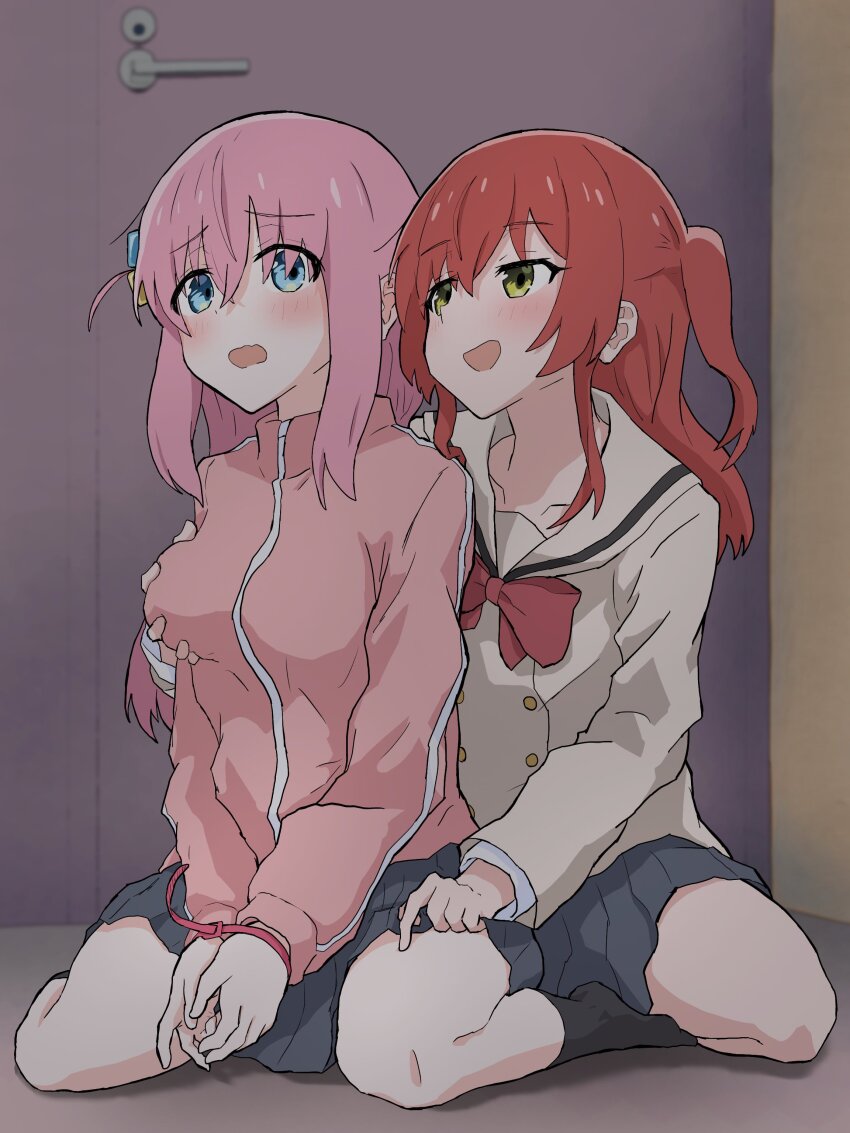 2girls, absurdres, assertive_female, blue_eyes, blush, bocchi_the_rock!, bound, bound_wrists, cable_tie, gotoh_hitori, grabbing_another's_breast, grey_hair, groping, highres, hizumi_ms, jacket, kita_ikuyo, medium_hair, multiple_girls, open_mouth, pink_hair, red_eyes, school_uniform, short_hair, skirt, smile, track_jacket, yuri