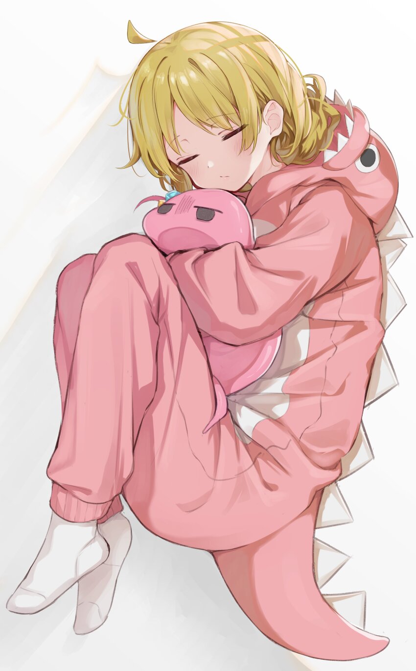 1girl, absurdres, ahoge, blonde_hair, blush, bocchi_the_rock!, closed_eyes, dinosaur_costume