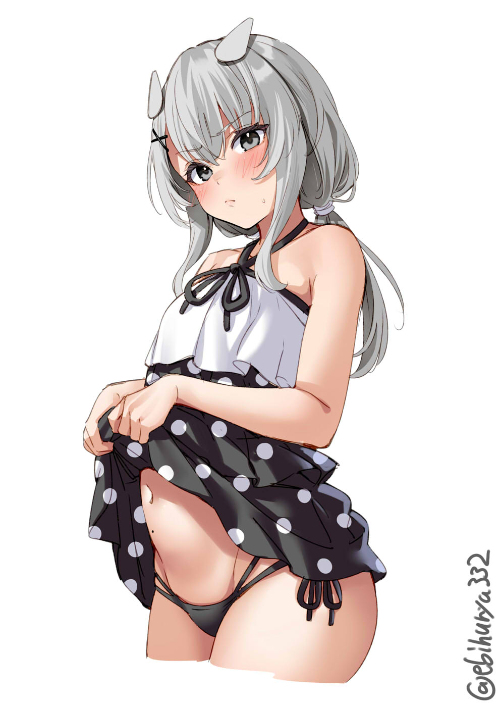 1girl, bare_shoulders, black_panties, blush, clothes_lift, cropped_legs, dress, dress_lift