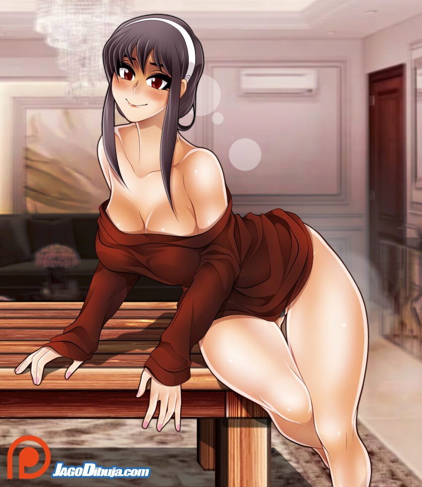 1girl, absurdres, arm_support, artist_name, bare_legs, bare_shoulders, black_hair, breasts