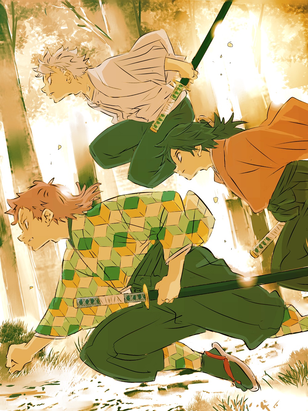 3boys, aged_down, alternate_universe, black_hair, black_hakama, black_socks, charging_forward, child