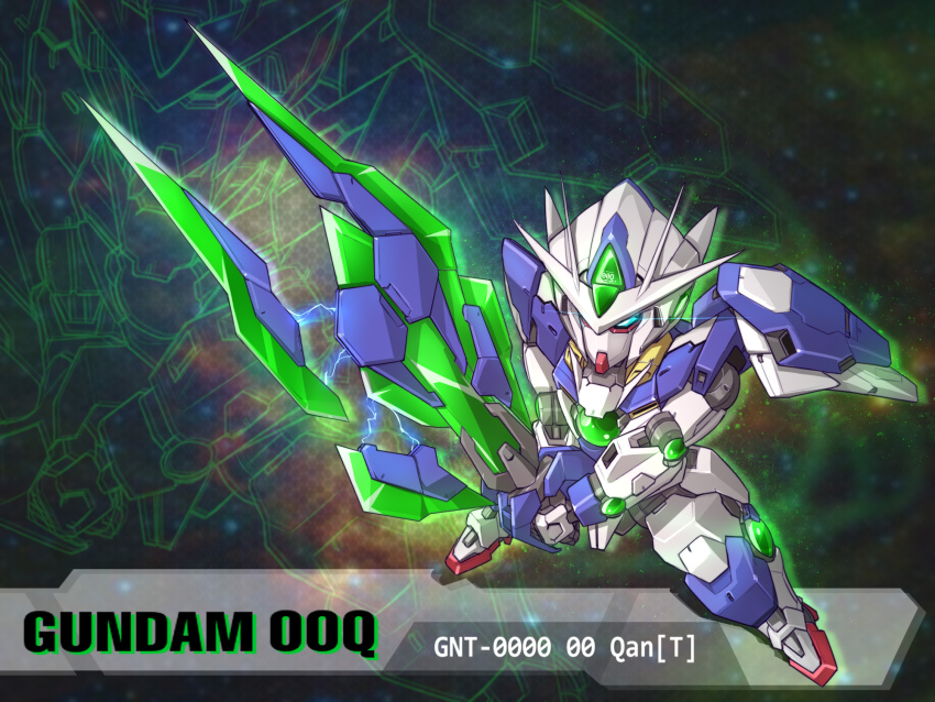 00_qan[t], bit_(gundam), blade, blue_eyes, character_name, chibi, commentary, electricity