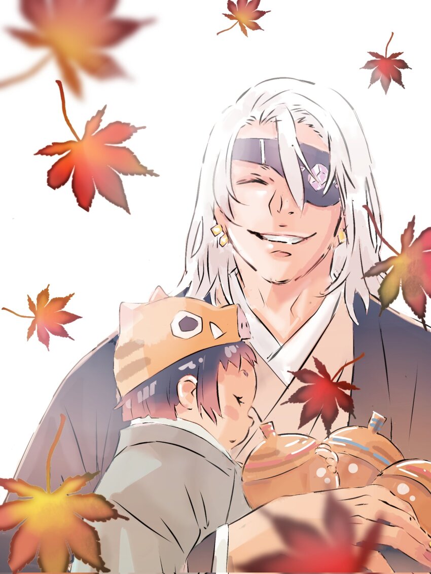 2boys, aged_up, autumn, autumn_leaves, baby, baby_carry, black_hair, blush