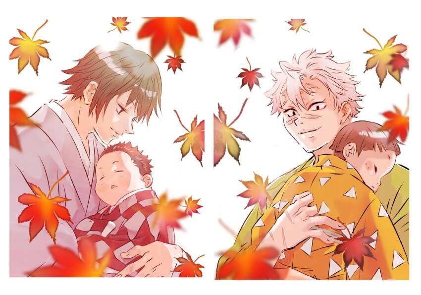 4boys, agatsuma_zenitsu, aged_up, autumn, autumn_leaves, baby, baby_carry, black_hair