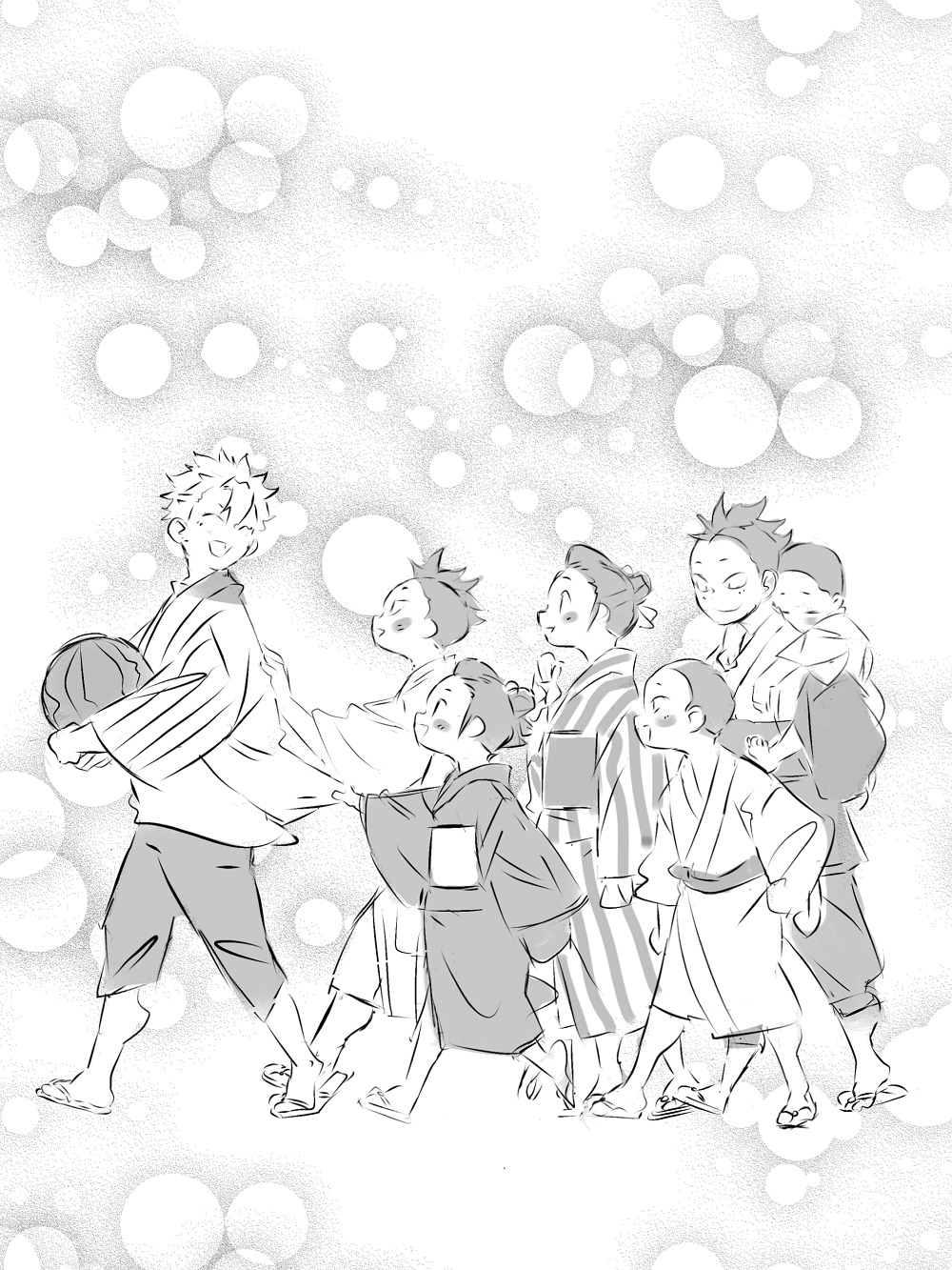 2girls, 5boys, ^_^, aged_down, baby, blurry, blush, bokeh, brother_and_sister, brothers, buzz_cut, carrying, child, closed_eyes, clothes_grab, depth_of_field, family, family_bonding, following, food, from_side, fruit, greyscale, hair_bun, hair_pulled_back, happy, highres, holding, holding_food, holding_fruit, japanese_clothes, kimetsu_no_yaiba, kimono, komedawara0130, long_sleeves, looking_at_another, looking_back, mohawk, monochrome, multiple_boys, multiple_girls, open_mouth, outstretched_arm, pants, piggyback, profile, sandals, shinazugawa_genya, shinazugawa_hiroshi, shinazugawa_koto, shinazugawa_sanemi, shinazugawa_shuya, shinazugawa_sumi, shinazugawa_teiko, short_hair, siblings, single_hair_bun, sisters, smile, striped, vertical_stripes, very_short_hair, walking, watermelon, zouri