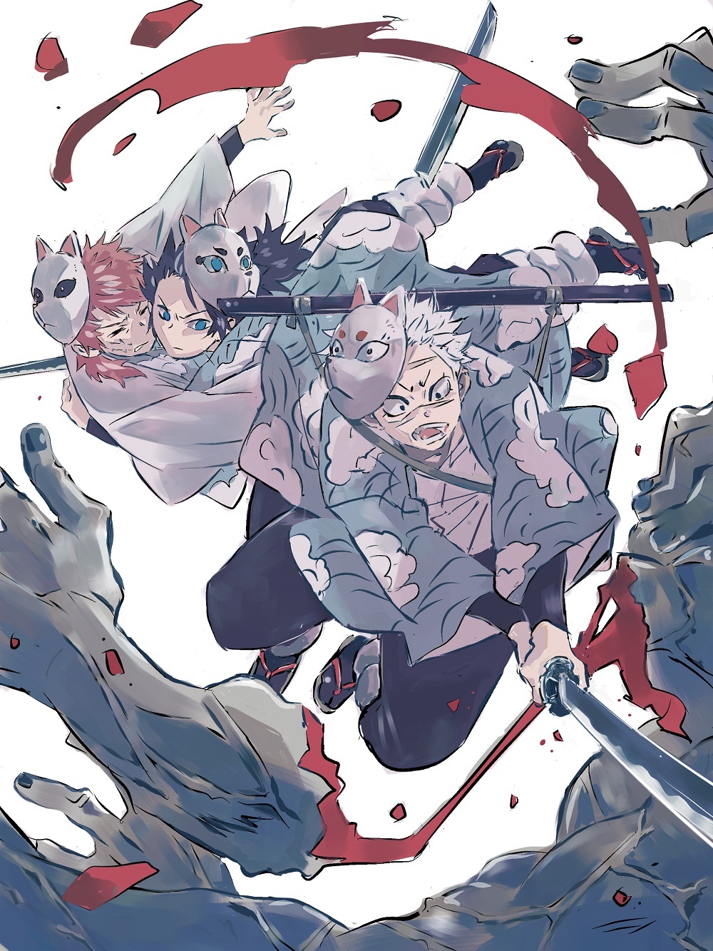3boys, aged_down, alternate_universe, battle, black_hair, black_pants, black_socks, blood, blue_eyes, blue_jacket, child, closed_eyes, dismemberment, facial_scar, fox_mask, grey_hair, haori, highres, holding, holding_sword, holding_weapon, hug, jacket, japanese_clothes, jumping, kimetsu_no_yaiba, komedawara0130, long_sleeves, male_focus, mask, mask_on_head, monster, multiple_boys, open_mouth, pants, red_hair, sabito_(kimetsu), sandals, scar, scar_on_cheek, scar_on_face, severed_hand, shinazugawa_sanemi, short_hair, simple_background, socks, sword, sword_on_back, tomioka_giyuu, uniform, veins, weapon, weapon_on_back, white_background, white_jacket, zouri