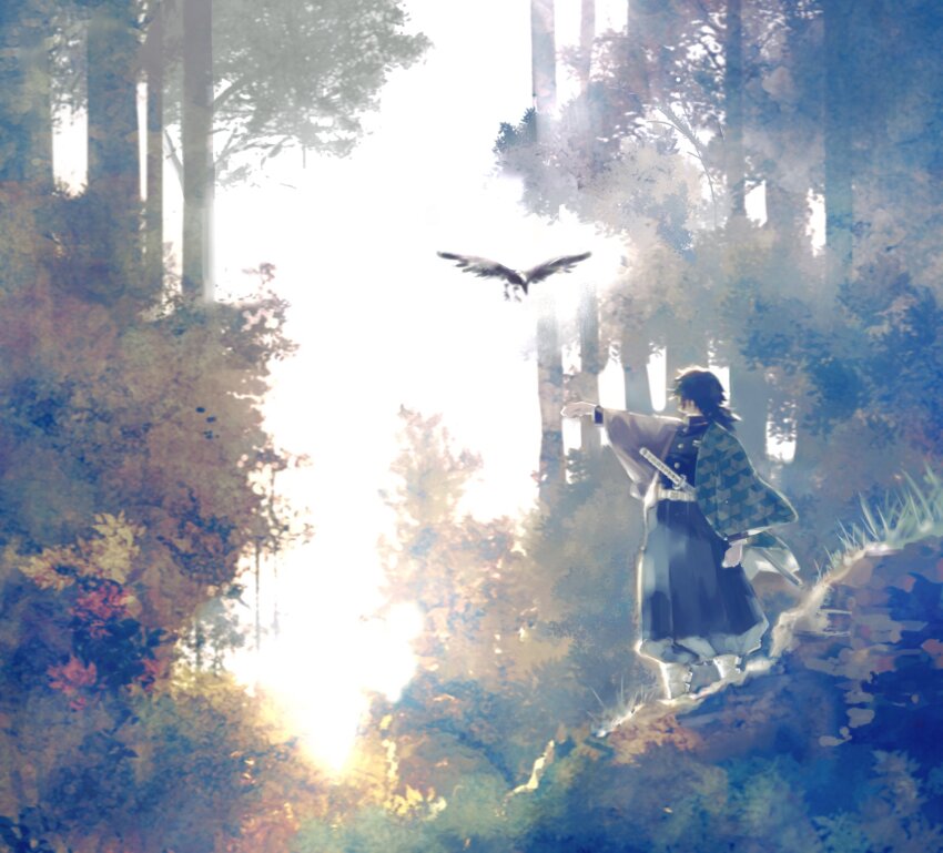 1boy, animal, arm_at_side, asymmetrical_clothes, bird, black_hair, crow, day