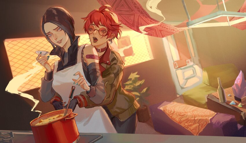 2girls, apex_legends, apron, artist_name, black_hair, blue_hair, blue_nails, bottle