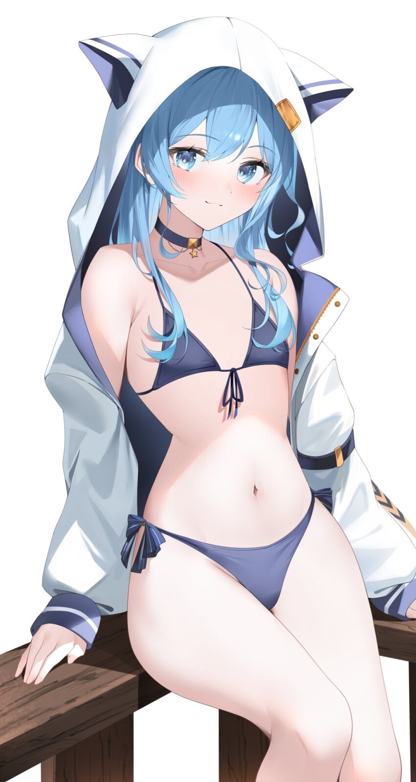 1girl, against_railing, animal_hood, bikini, bikini_under_clothes, blue_bikini, blue_choker, blue_hair