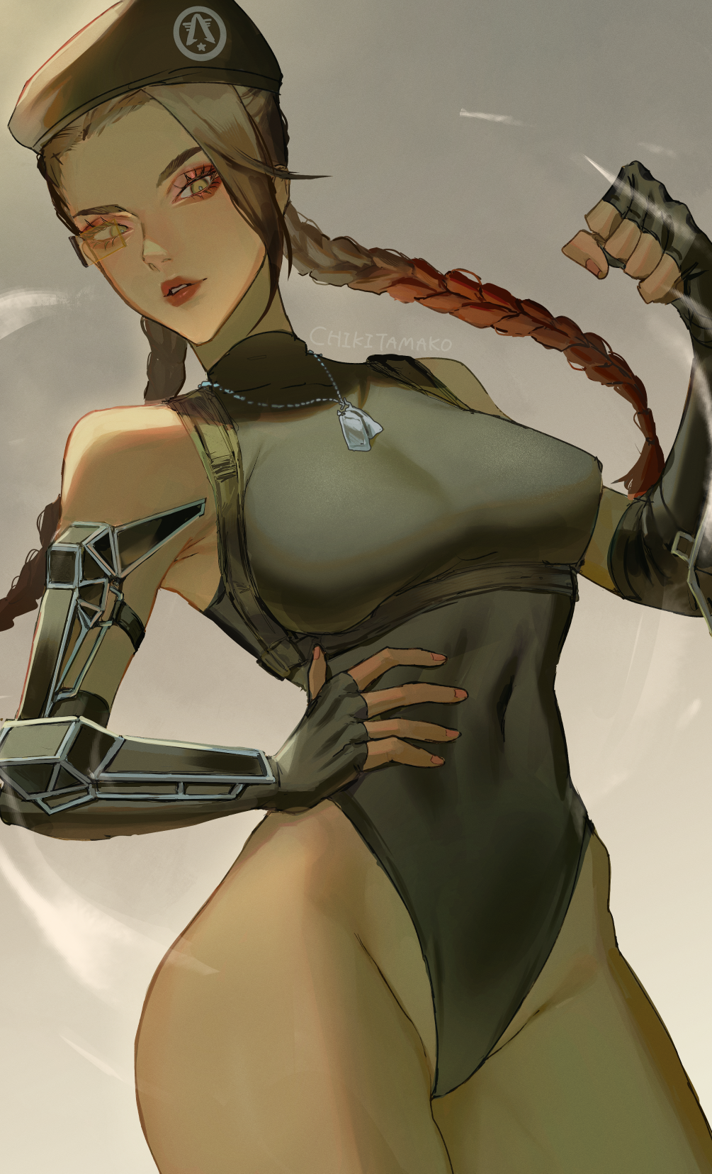 1girl, adapted_costume, apex_legends, arms_dealer_loba, artist_name, beret, black_hat, black_leotard, braid, breasts, brown_eyes, brown_hair, cammy_white, cammy_white_(cosplay), chikitamako, clenched_hand, cosplay, cowboy_shot, dark-skinned_female, dark_skin, dog_tags, eyeshadow, fingerless_gloves, gloves, gradient_hair, grey_background, hand_on_own_hip, hat, highres, leotard, loba_(apex_legends), looking_down, makeup, medium_breasts, multicolored_hair, parted_lips, red_eyeshadow, red_hair, red_lips, scouter, solo, street_fighter, twin_braids