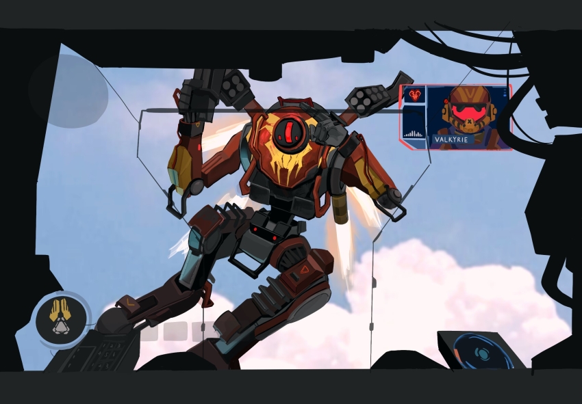 1girl, apex_legends, assault_visor, birthright_valkyrie, cloud, doggycene, gun, helmet