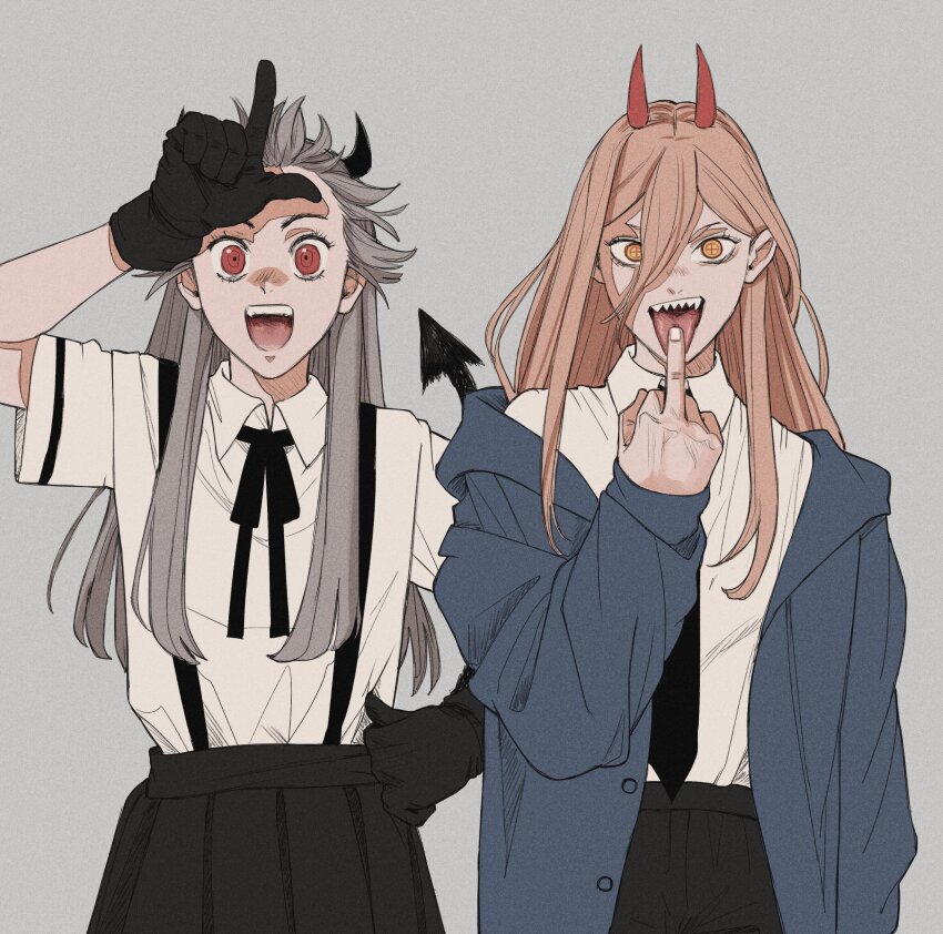 2girls, absurdres, black_gloves, black_horns, black_necktie, black_ribbon, black_skirt, blue_hoodie