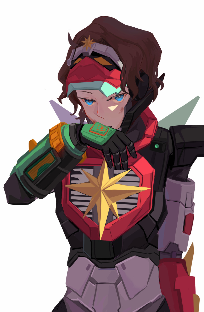 1girl, absurdres, animification, apex_legends, armor, black_gloves, blood, blood_on_face