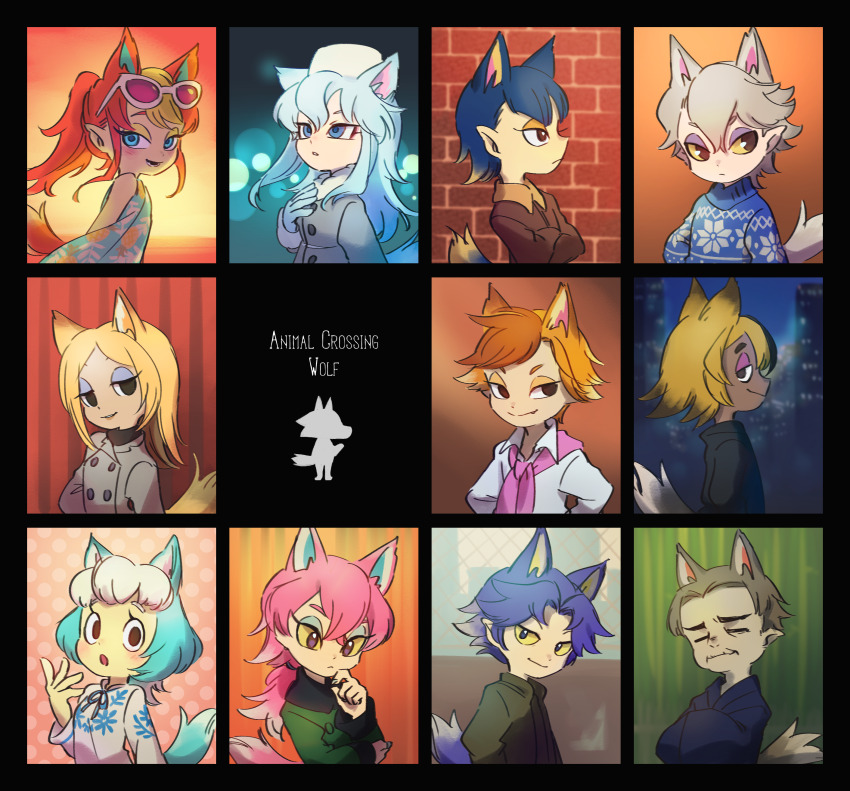 5girls, 6+boys, :o, absurdres, animal_crossing, animal_crossing:_new_horizons, animal_ears, audie_(animal_crossing), bamboo, bare_shoulders, black_eyes, black_hair, blonde_hair, blue_dress, blue_eyes, blue_eyeshadow, blue_gloves, blue_hair, blue_kimono, blue_nails, blue_ribbon, blue_sweater, blue_tail, brick_wall, brown_eyes, brown_hair, brown_jacket, building, buttons, chain-link_fence, chief_(animal_crossing), closed_eyes, closed_mouth, coat, collared_shirt, colored_sclera, copyright_name, crossed_arms, crossed_bangs, dark-skinned_male, dark_skin, dobie_(animal_crossing), double-breasted, dress, extra_ears, eyelashes, eyeshadow, eyewear_on_head, fang, fang_(animal_crossing), fang_out, fence, fingernails, freya_(animal_crossing), fur_collar, fur_hat, gloves, green_coat, grey_coat, grey_hair, grey_tail, hair_between_eyes, hair_intakes, hand_on_own_chest, hand_to_own_mouth, hand_up, hat, highres, jacket, japanese_clothes, kimono, kyle_(animal_crossing), light_blue_hair, lobo_(animal_crossing), long_hair, long_sleeves, looking_at_viewer, looking_to_the_side, looking_up, lower_teeth_only, makeup, multicolored_hair, multiple_boys, multiple_girls, nail_polish, nintendo, no_pupils, ocean, old, old_man, open_mouth, orange_eyeshadow, orange_hair, personification, pineapple_print, pink_eyeshadow, pink_hair, pink_scarf, pink_tail, pointy_ears, polka_dot, ponytail, print_dress, purple_eyes, purple_eyeshadow, ribbon, scarf, shirt, short_hair, skye_(animal_crossing), skyscraper, smile, split_mouth, striped, sunglasses, sweater, tail, teeth, turtleneck, turtleneck_sweater, twilight, two-tone_hair, ukata, ushanka, vertical_stripes, vivian_(animal_crossing), water, white_hair, white_headwear, white_shirt, whitney_(animal_crossing), wide_sleeves, wolf_boy, wolf_ears, wolf_girl, wolf_tail, wolfgang_(animal_crossing), yellow_eyeshadow, yellow_sclera, yellow_tail