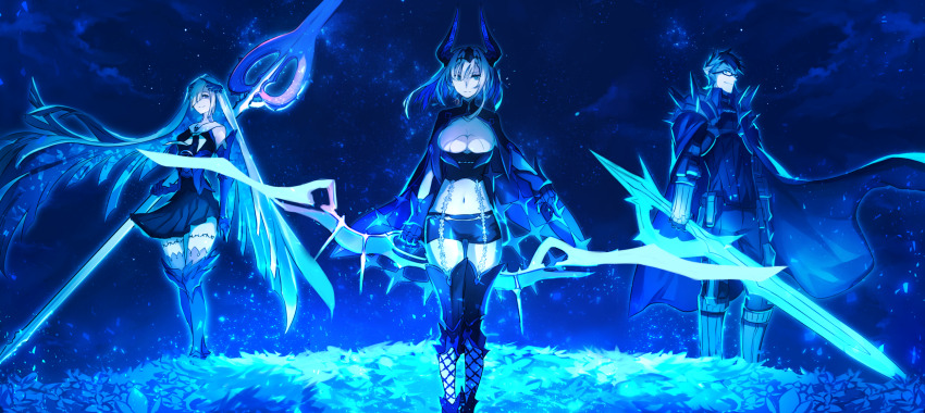 1boy, 2girls, armor, aslaug_(fate), black_footwear, black_hair, black_horns, black_pants