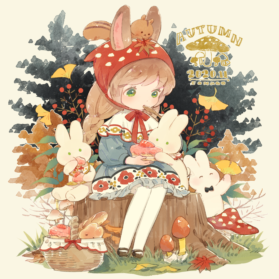 1girl, animal, animal_ears, animal_on_head, artist_name, basket, black_shoes, blue_dress