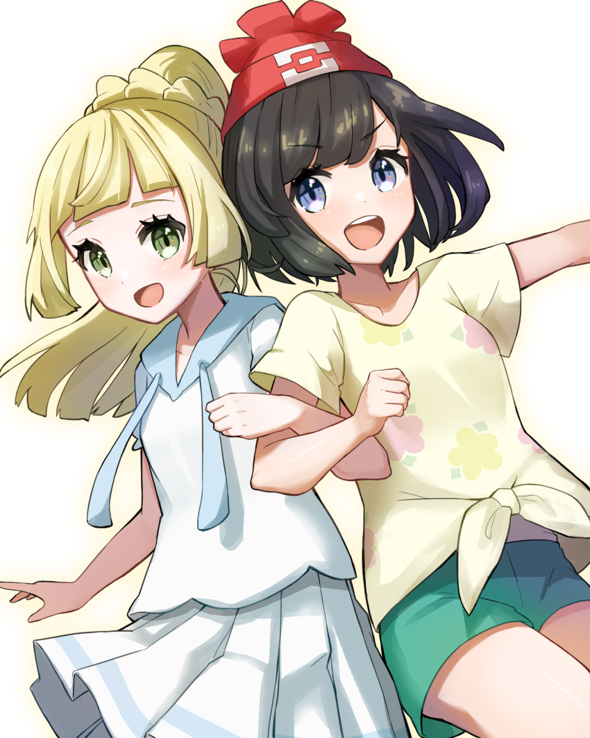 2girls, :d, absurdres, beanie, black_hair, blonde_hair, braid, clenched_hand