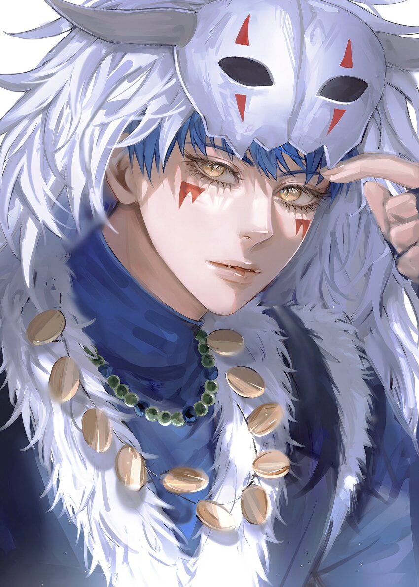 1boy, akatsuki_no_yona, blue_hair, eyelashes, facepaint, fur_trim, highres, jewelry