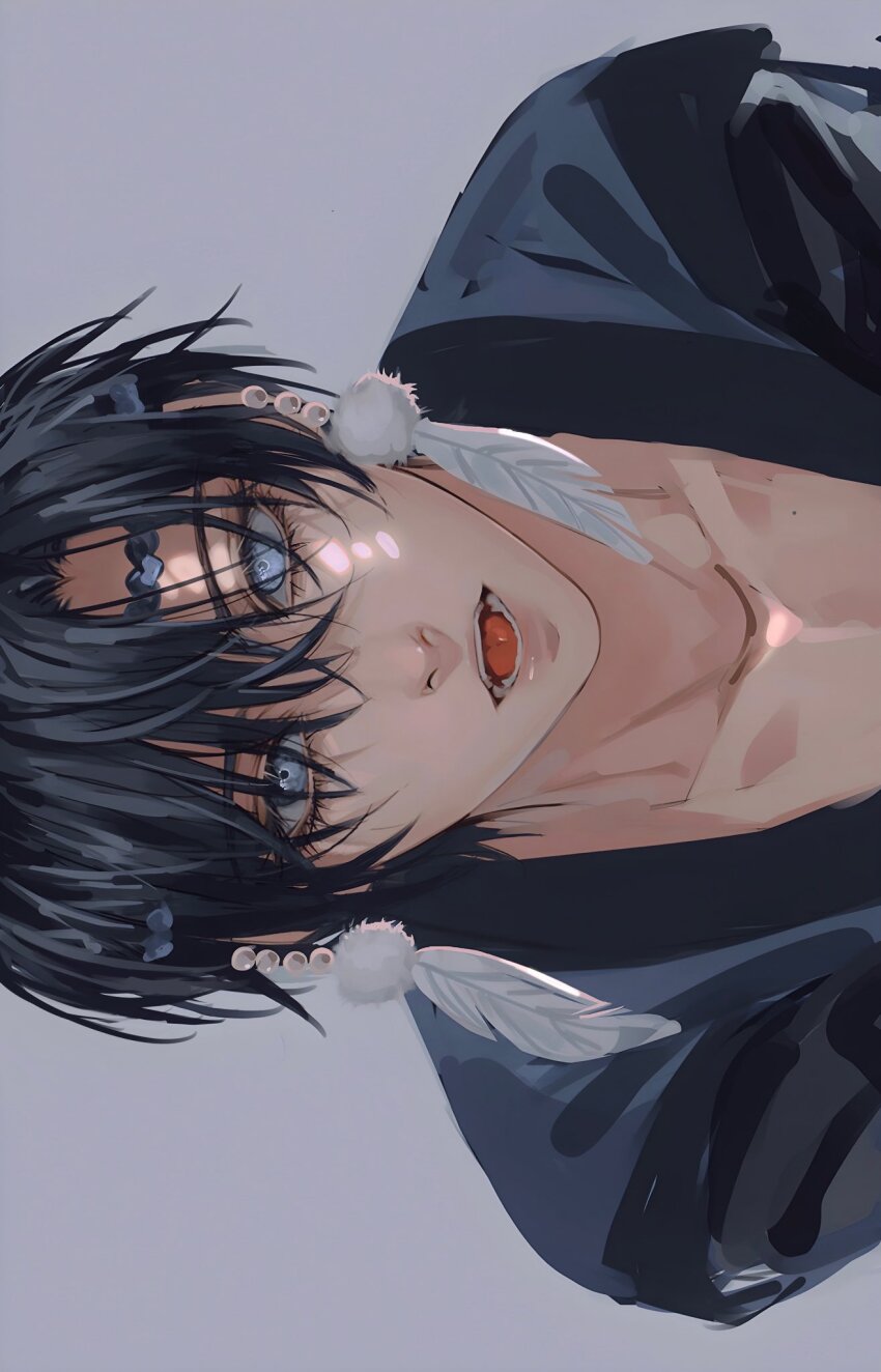 1boy, akatsuki_no_yona, black_hair, blue_eyes, commentary_request, earrings, feather_earrings, feathers