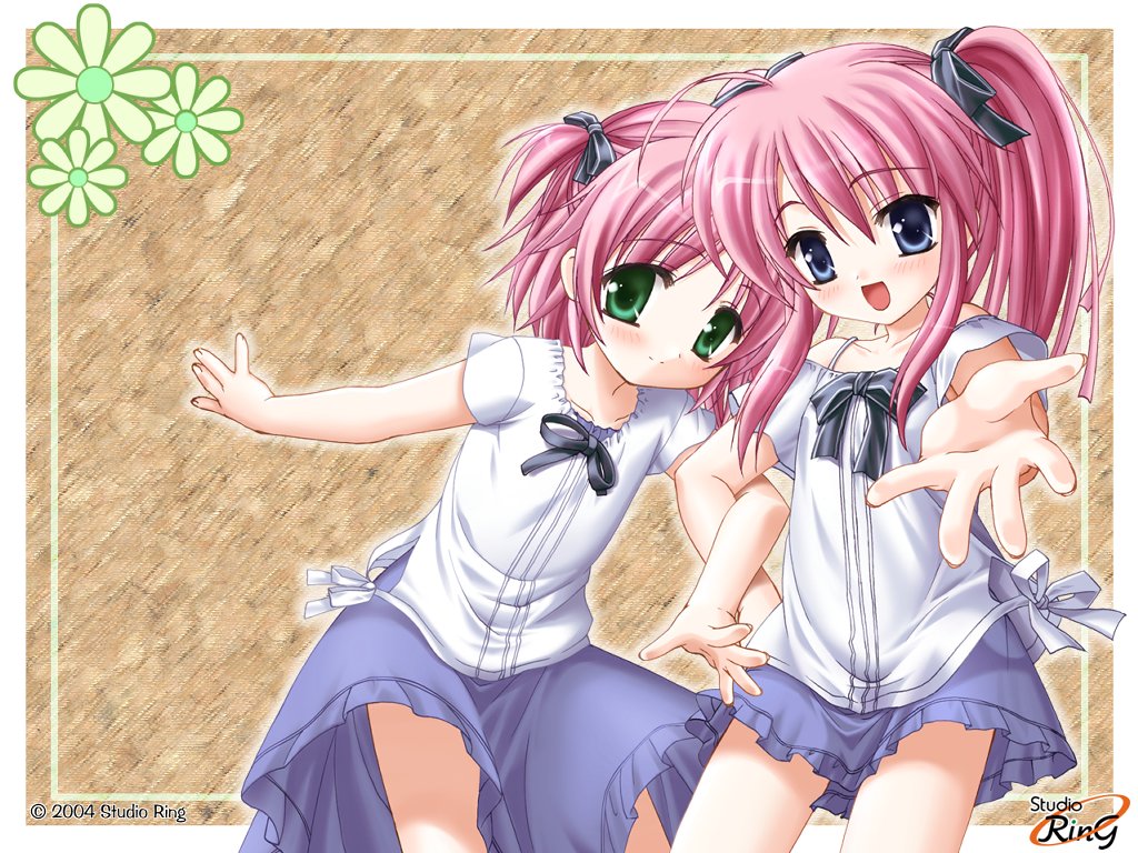 2girls, asakura_maina, asakura_yuuna, blue_eyes, blush, foreshortening, green_eyes, hajimete_no_oisha-san