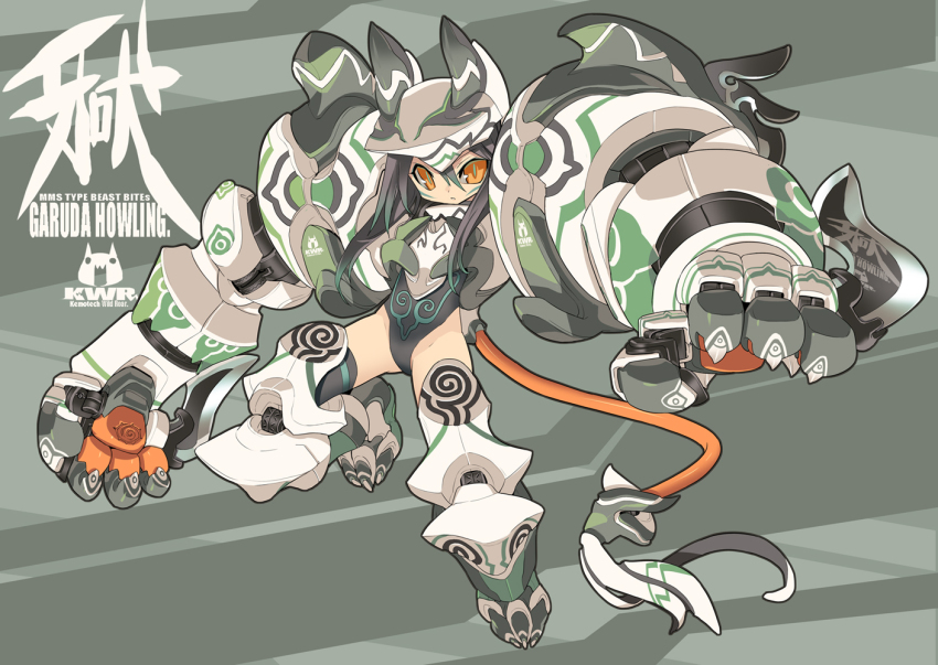 10s, 1girl, bad_id, bad_pixiv_id, black_hair, blade, blade_(galaxist), busou_shinki, female_focus, helmet, howling_(busou_shinki), leotard, long_hair, mecha_musume, orange_eyes, solo, tail, thighhighs